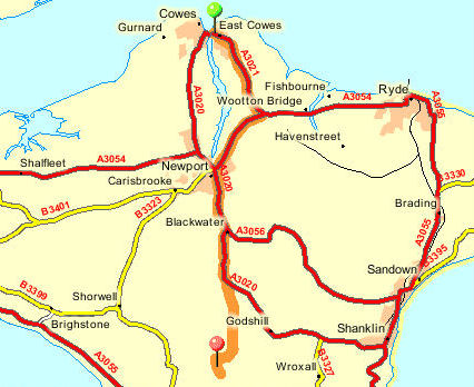 Route map from East Cowes Red Funnel Car Ferry terminal to Kitty's Loft.