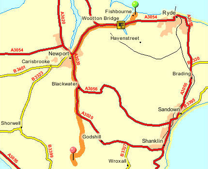 Route map from Fishbourne Wightlink Car Ferry terminal to Kitty's Loft.