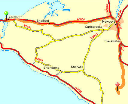 Route map from Yarmouth Wightlink Car Ferry terminal to Kitty's Loft.